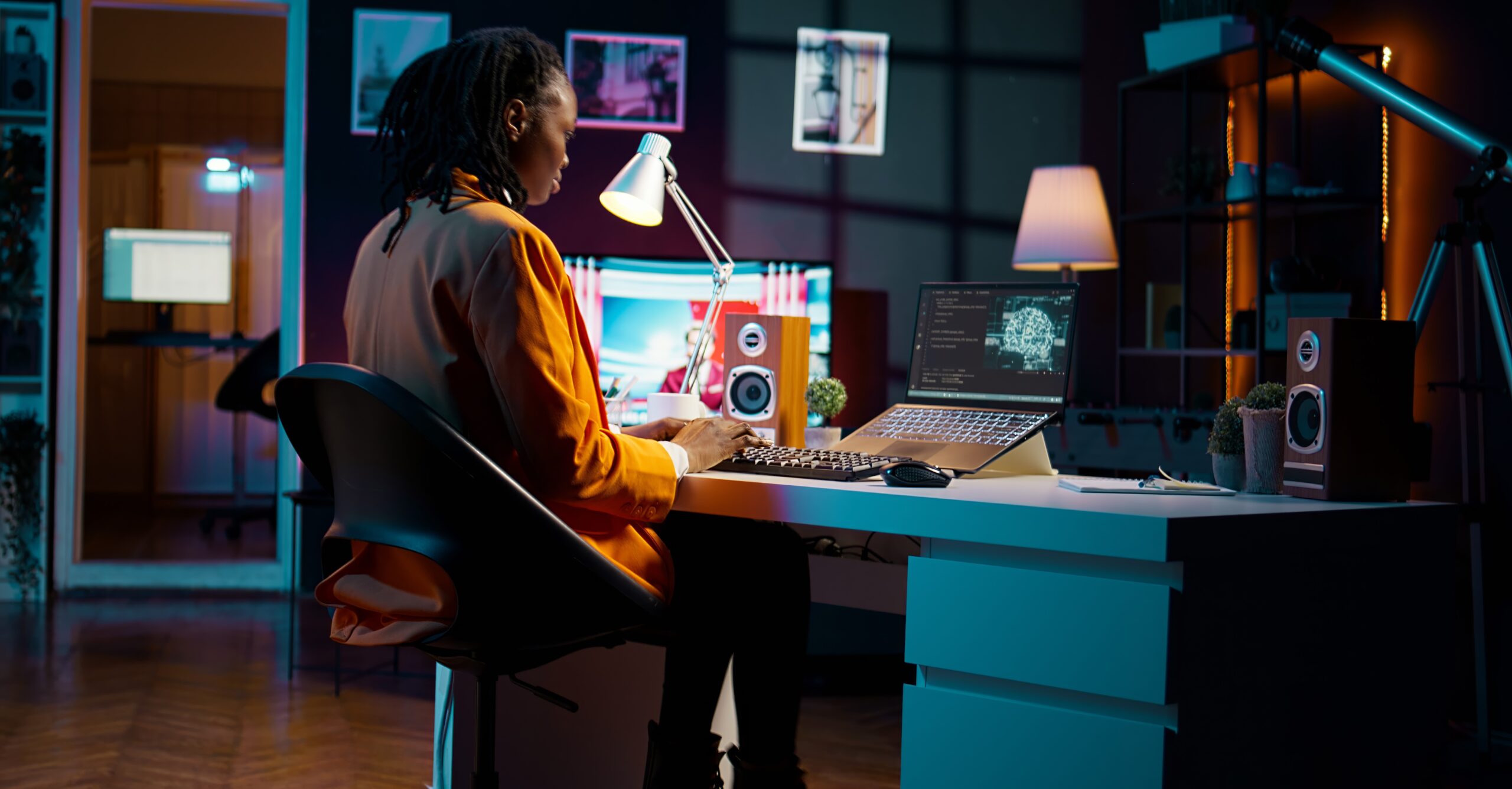 African american girl studying servers providing AI computing resources